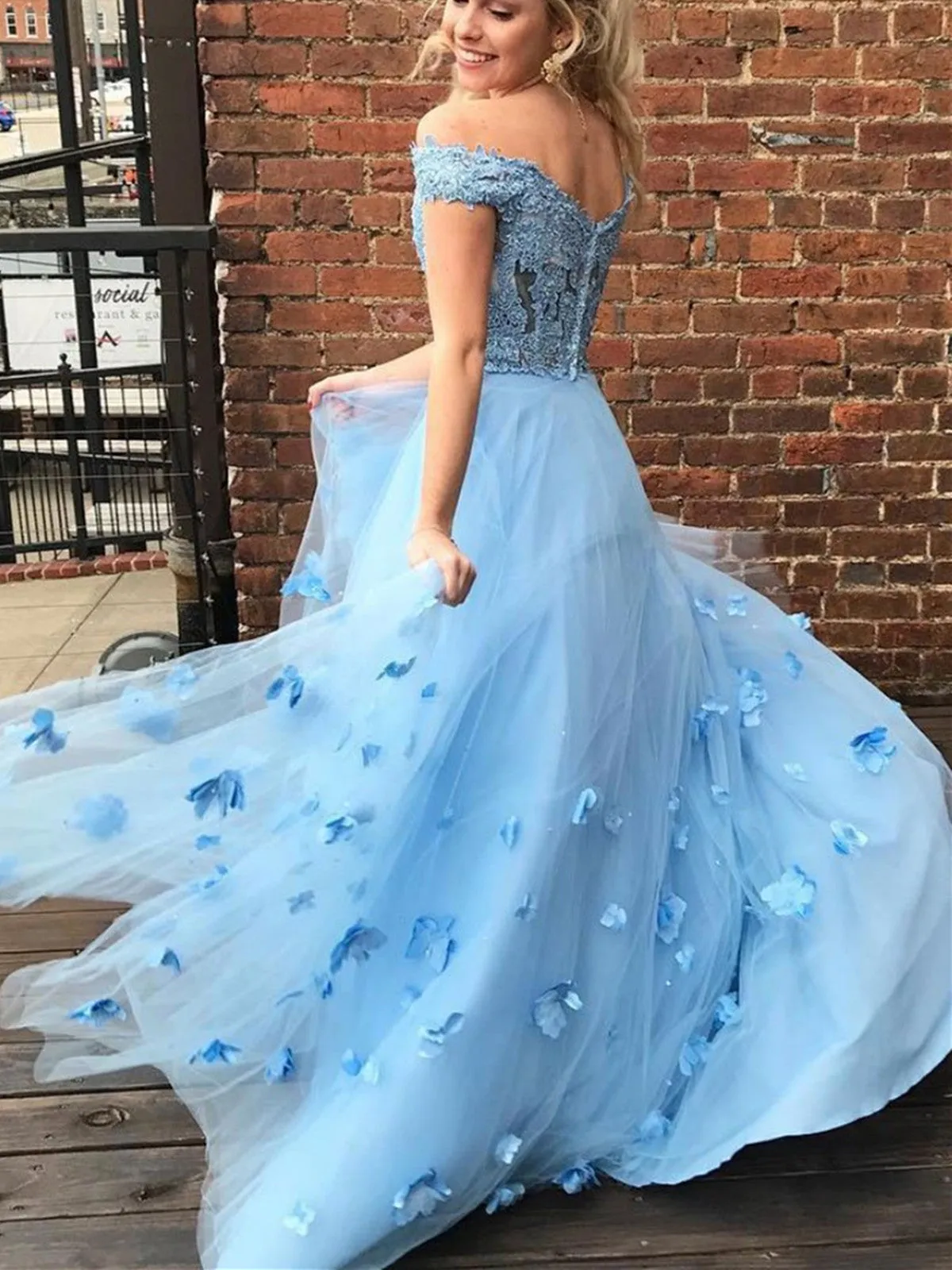 Blue Tulle Floral Lace Off Shoulder Long Prom Dress, Blue Tulle Lace Off The Shoulder Long Formal Evening Dress