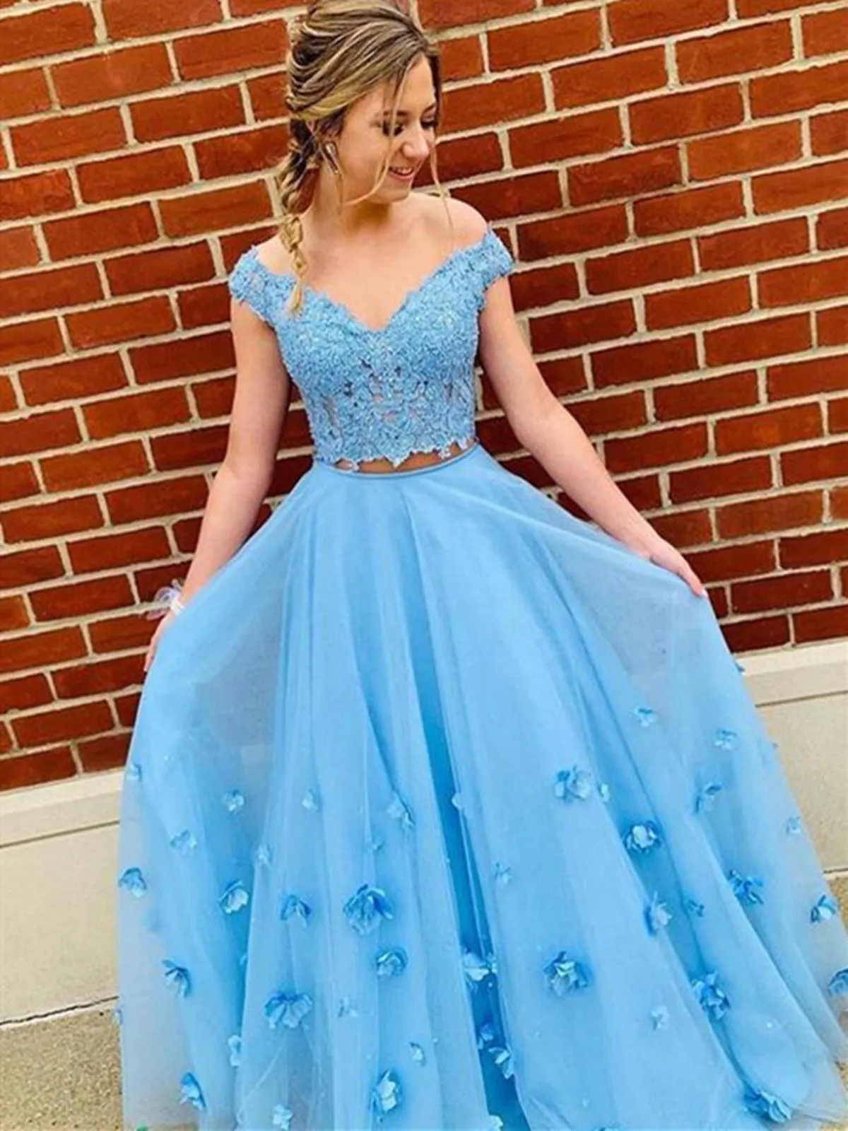 Blue Tulle Floral Lace Off Shoulder Long Prom Dress, Blue Tulle Lace Off The Shoulder Long Formal Evening Dress