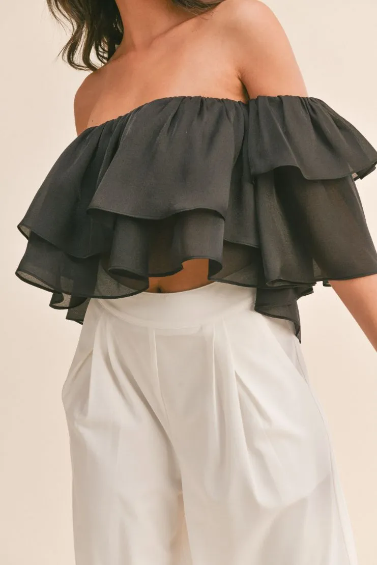 Briella Organza Ruffled Crop Top - Black