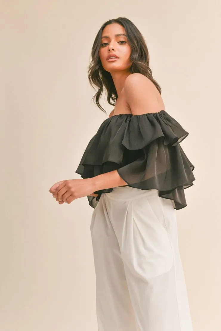 Briella Organza Ruffled Crop Top - Black