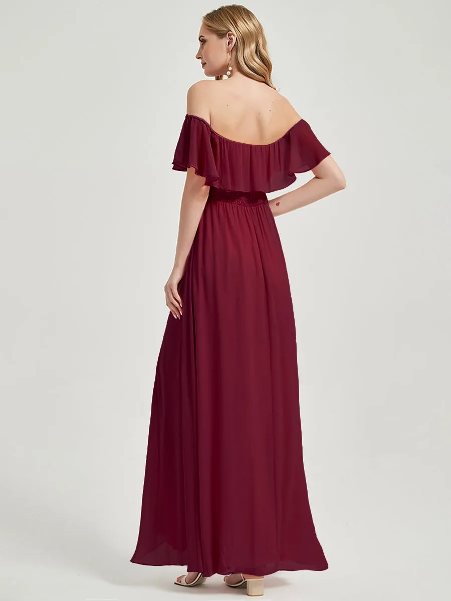 Burgundy Convertible Off Shoulder Slit Chiffon Bridesmaid Maxi Dress