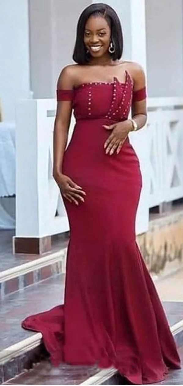 Burgundy Mermaid Off Shoulder Cheap Long Bridesmaid Dresses,WG1506