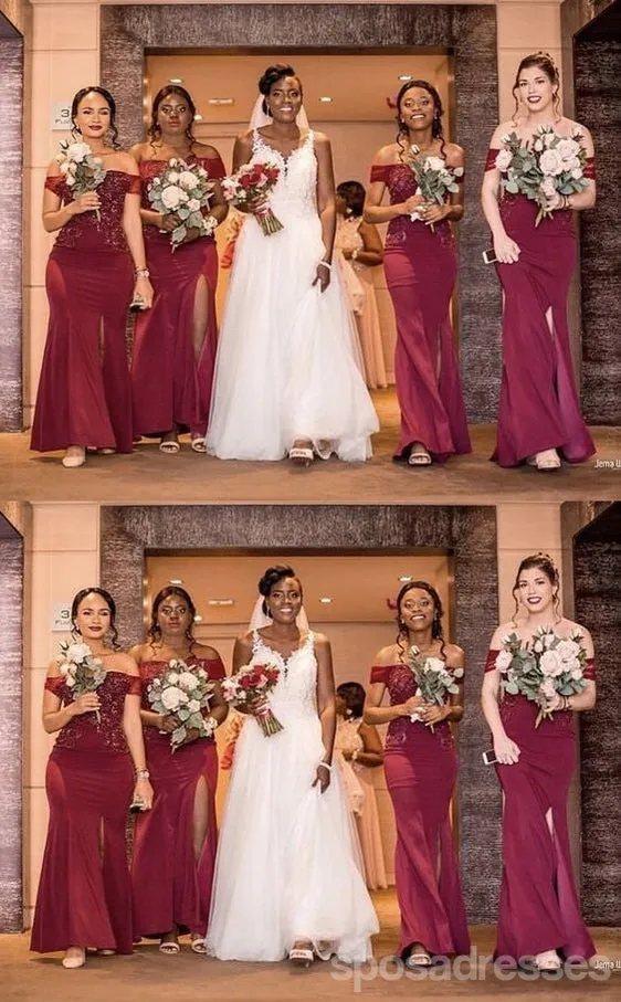 Burgundy Mermaid Off Shoulder Side Slit Cheap Long Bridesmaid Dresses,WG1623