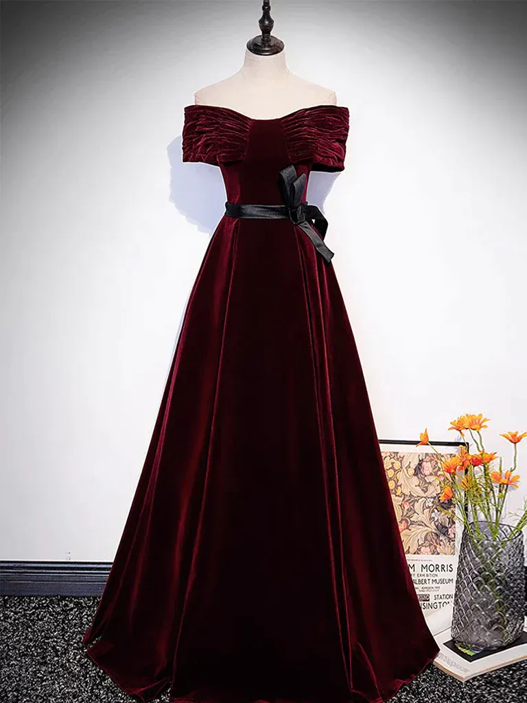 Burgundy Off The Shoulder Velvet Long Prom Dress SH1152