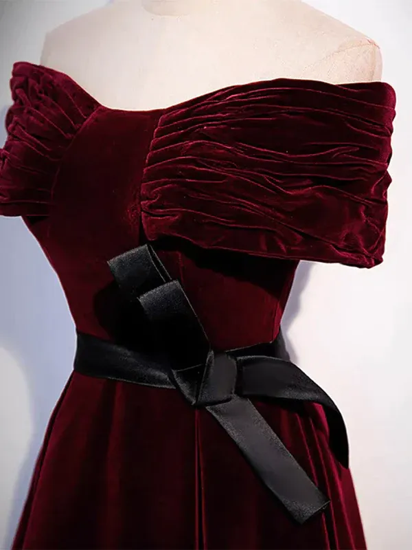 Burgundy Off The Shoulder Velvet Long Prom Dress SH1152