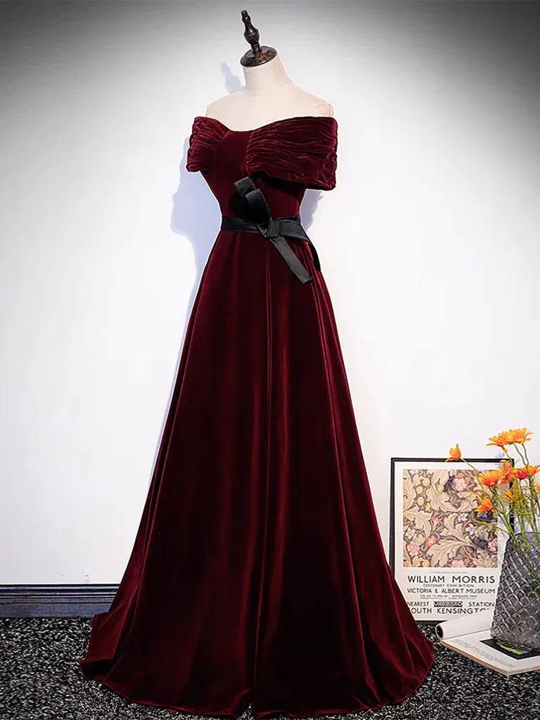 Burgundy Off The Shoulder Velvet Long Prom Dress SH1152