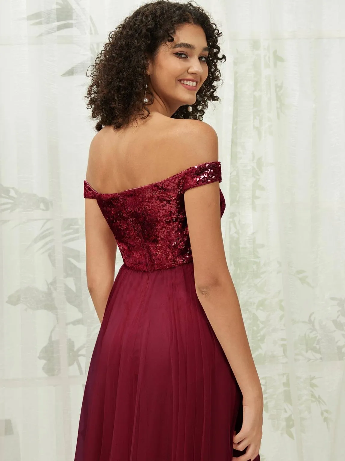 Burgundy Sequin Tulle Off-Shoulder Maxi Flowy Bridesmaid Dress