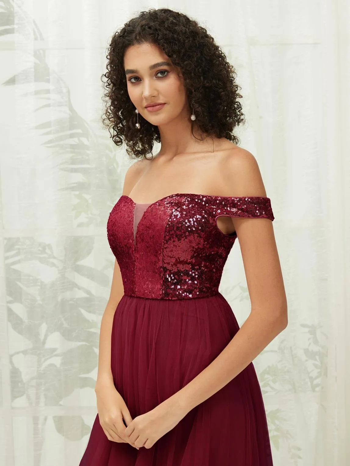 Burgundy Sequin Tulle Off-Shoulder Maxi Flowy Bridesmaid Dress