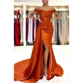 Burnt Orange Mermaid Off Shoulder High Slit Cheap Bridesmaid Dresses,WG1273