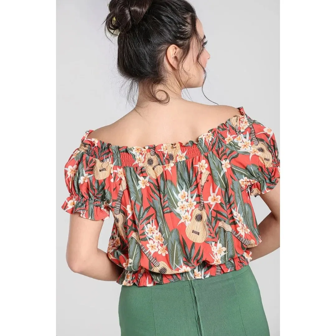 Burnt Orange Tropical Floral & Ukulele Print Off The Shoulder Top