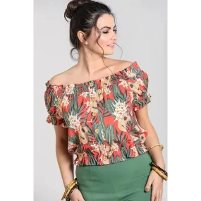 Burnt Orange Tropical Floral & Ukulele Print Off The Shoulder Top