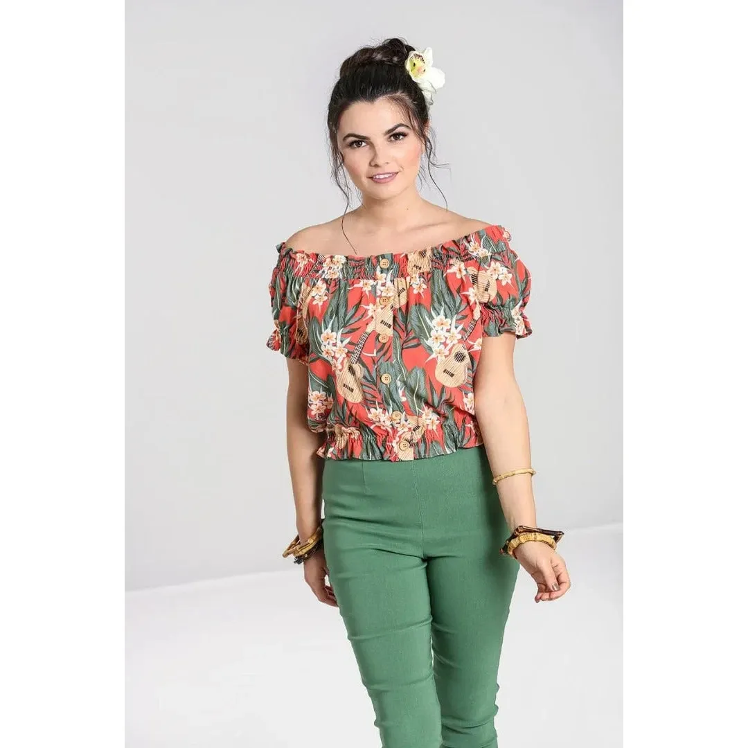 Burnt Orange Tropical Floral & Ukulele Print Off The Shoulder Top