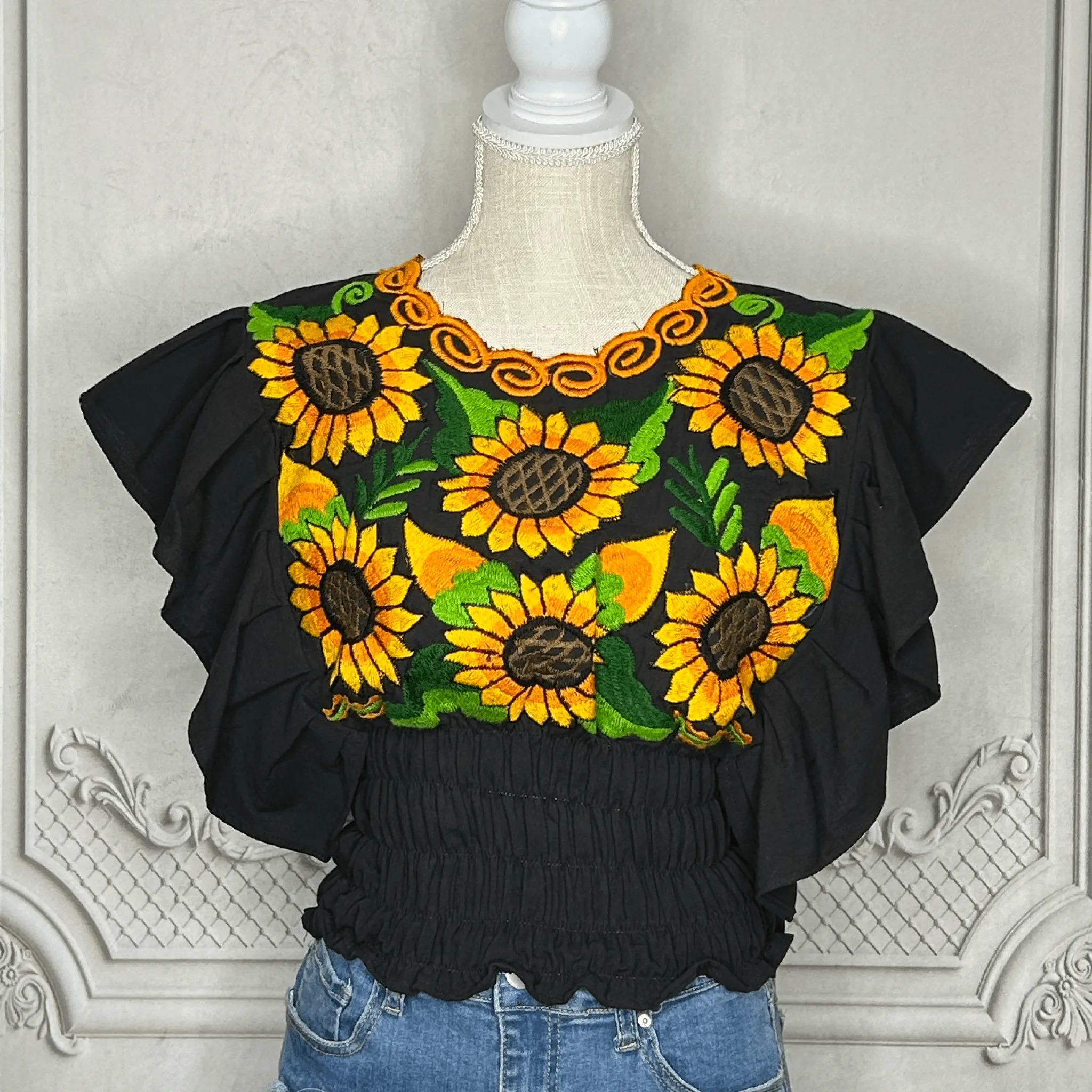 Butterfly Sleeve Mexican Crop Top Sunflower