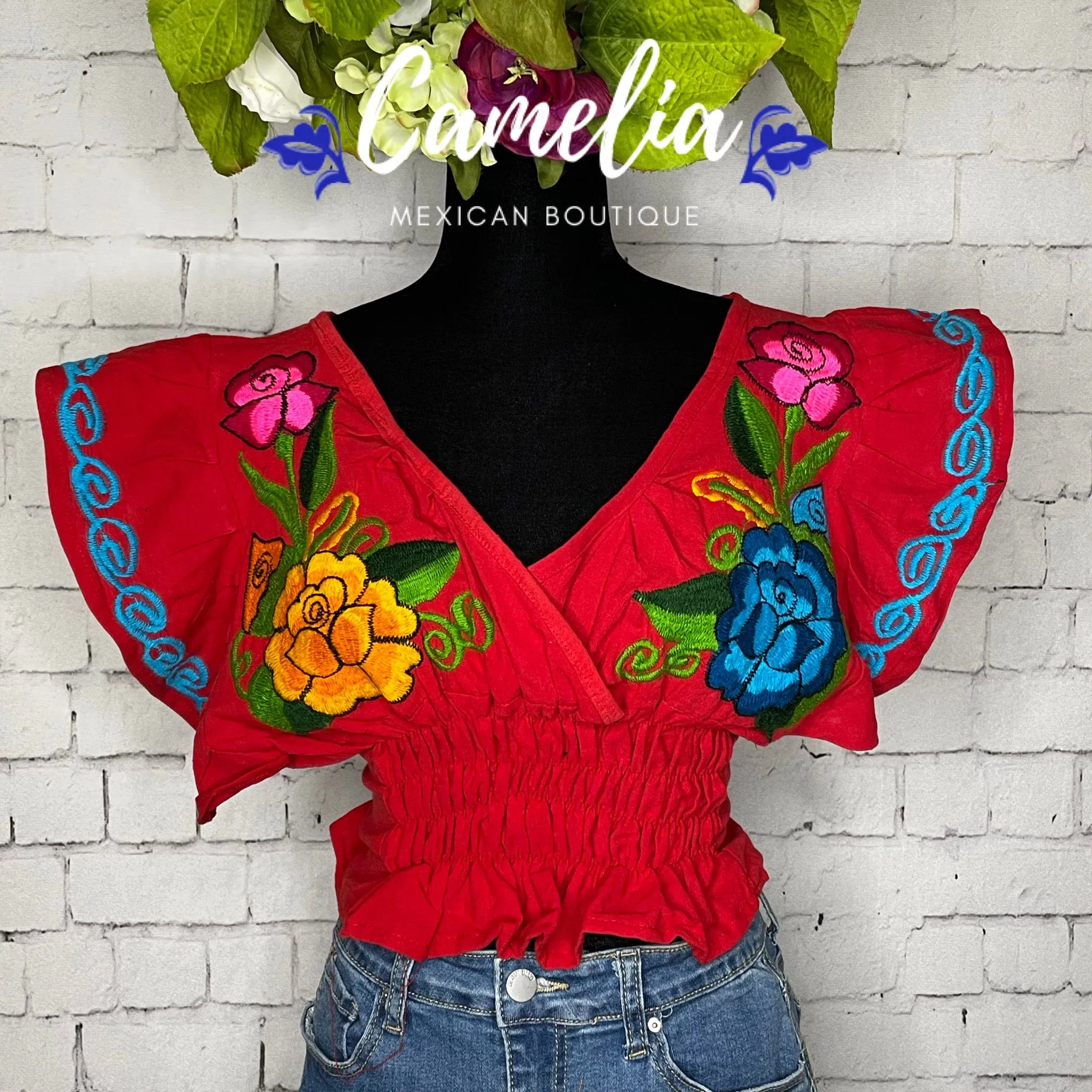 Butterfly Sleeve Mexican Crop Top Zinnia - V-Neck