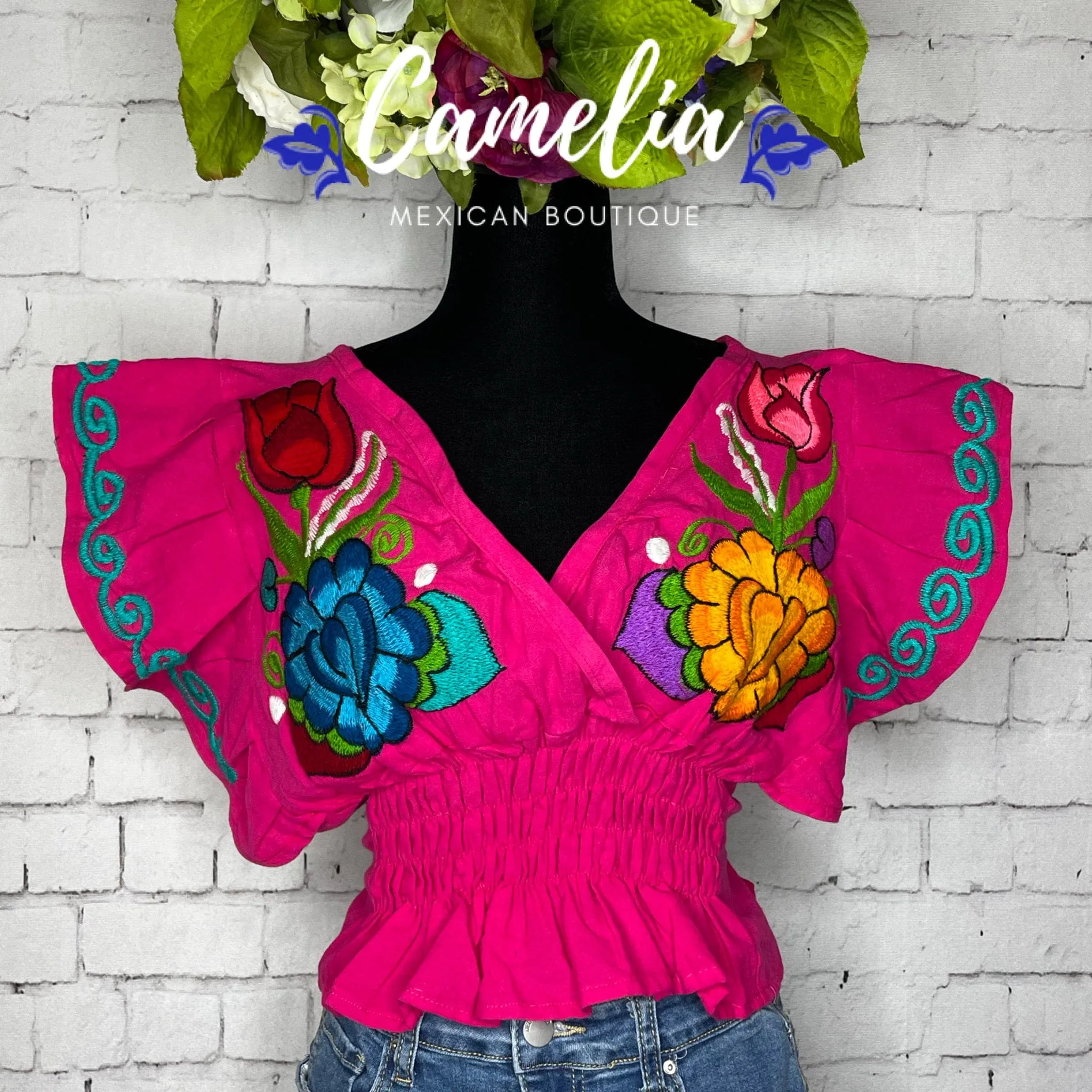 Butterfly Sleeve Mexican Crop Top Zinnia - V-Neck