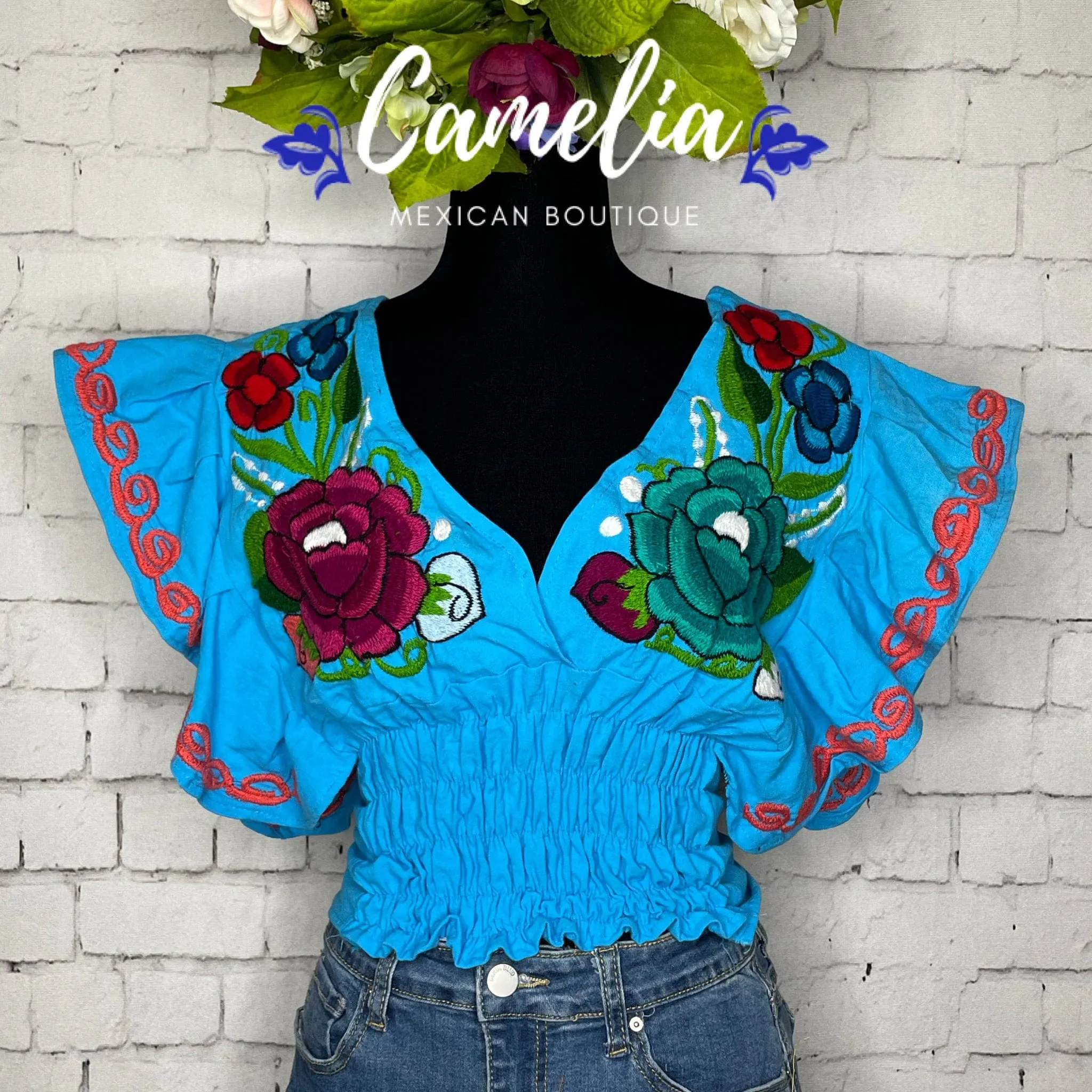 Butterfly Sleeve Mexican Crop Top Zinnia - V-Neck