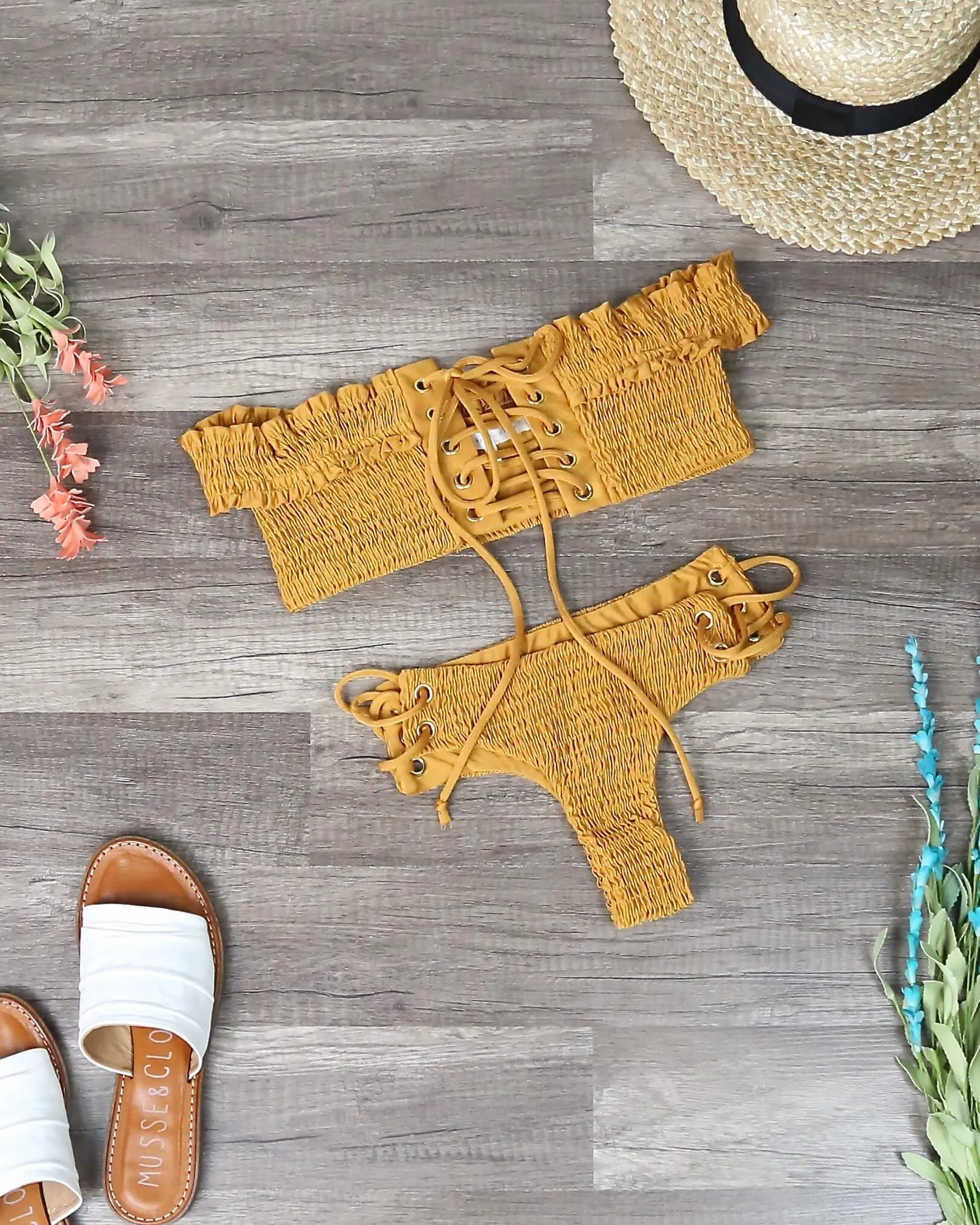 California Girl - Off The Shoulder Smocked Bikini Set - Mustard