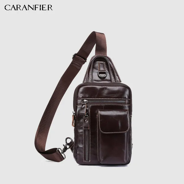 CARANFIER Mens Chest Bags Shoulder Messenger Bag Genuine Cowhide Leather Casual Men Zipper Soft Male Classic Small Travel Bags