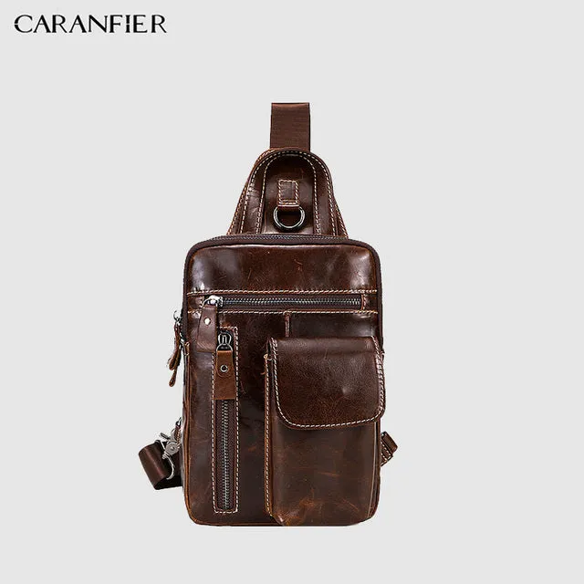 CARANFIER Mens Chest Bags Shoulder Messenger Bag Genuine Cowhide Leather Casual Men Zipper Soft Male Classic Small Travel Bags