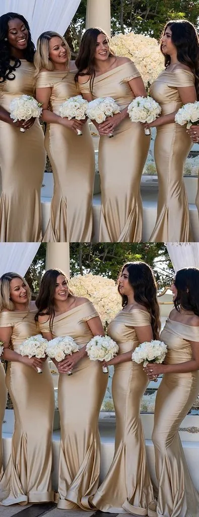 Champagne Gold Off Shoulder Mermaid Cheap Bridesmaid Dresses,WG566