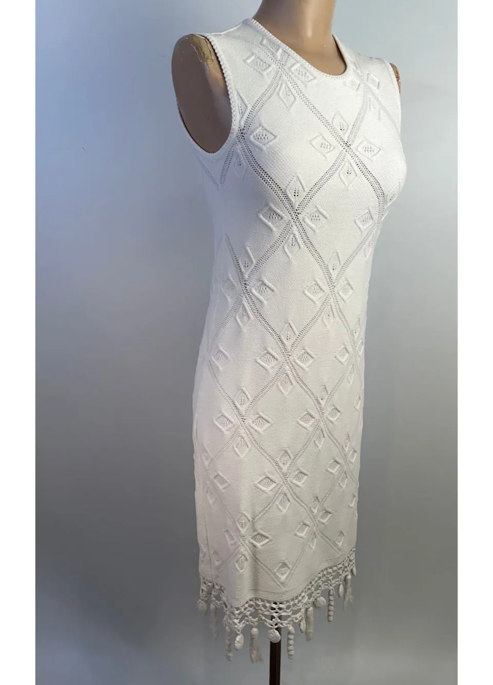 Chanel White 05P 2005 Spring Summer Woven Crochet Dress US 2/4