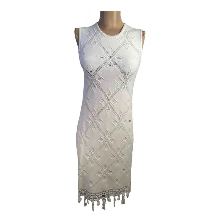 Chanel White 05P 2005 Spring Summer Woven Crochet Dress US 2/4