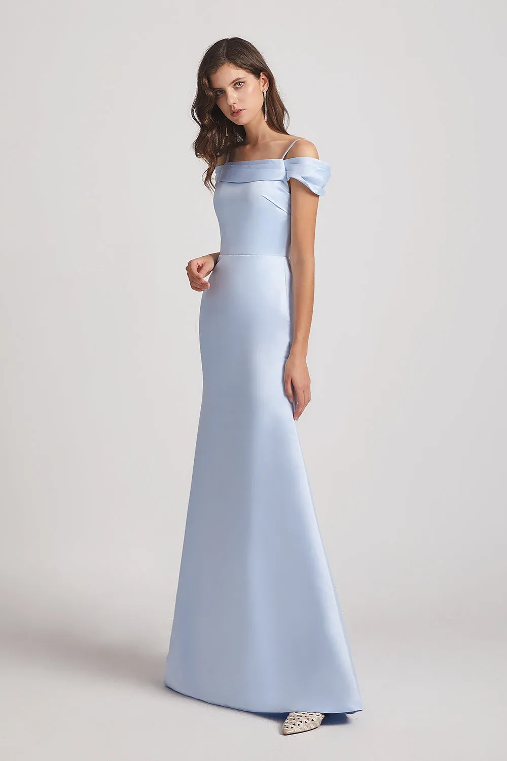 Cold Shoulder Blue Satin Long Trumpet Bridesmaid Dresses (AF0007)