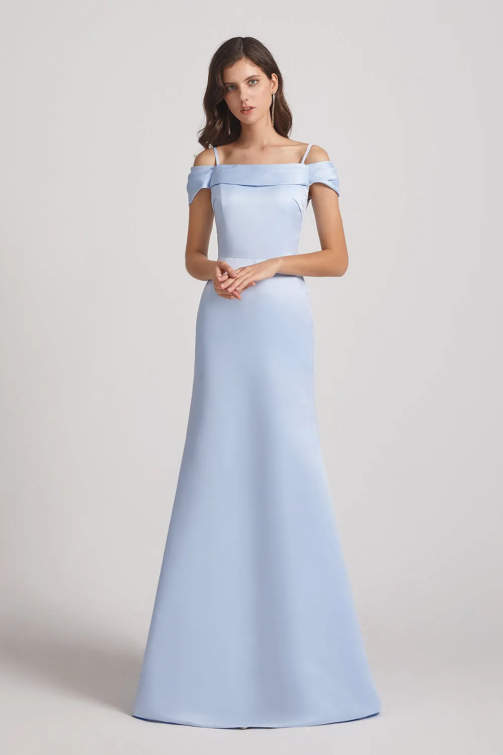 Cold Shoulder Blue Satin Long Trumpet Bridesmaid Dresses (AF0007)