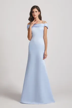 Cold Shoulder Blue Satin Long Trumpet Bridesmaid Dresses (AF0007)