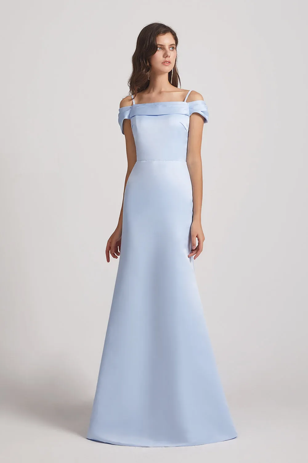 Cold Shoulder Blue Satin Long Trumpet Bridesmaid Dresses (AF0007)