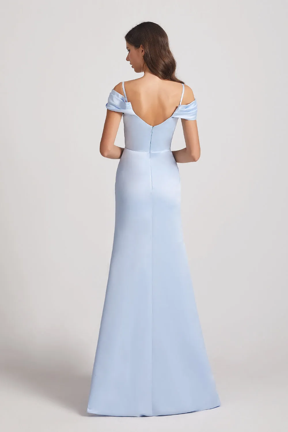 Cold Shoulder Blue Satin Long Trumpet Bridesmaid Dresses (AF0007)