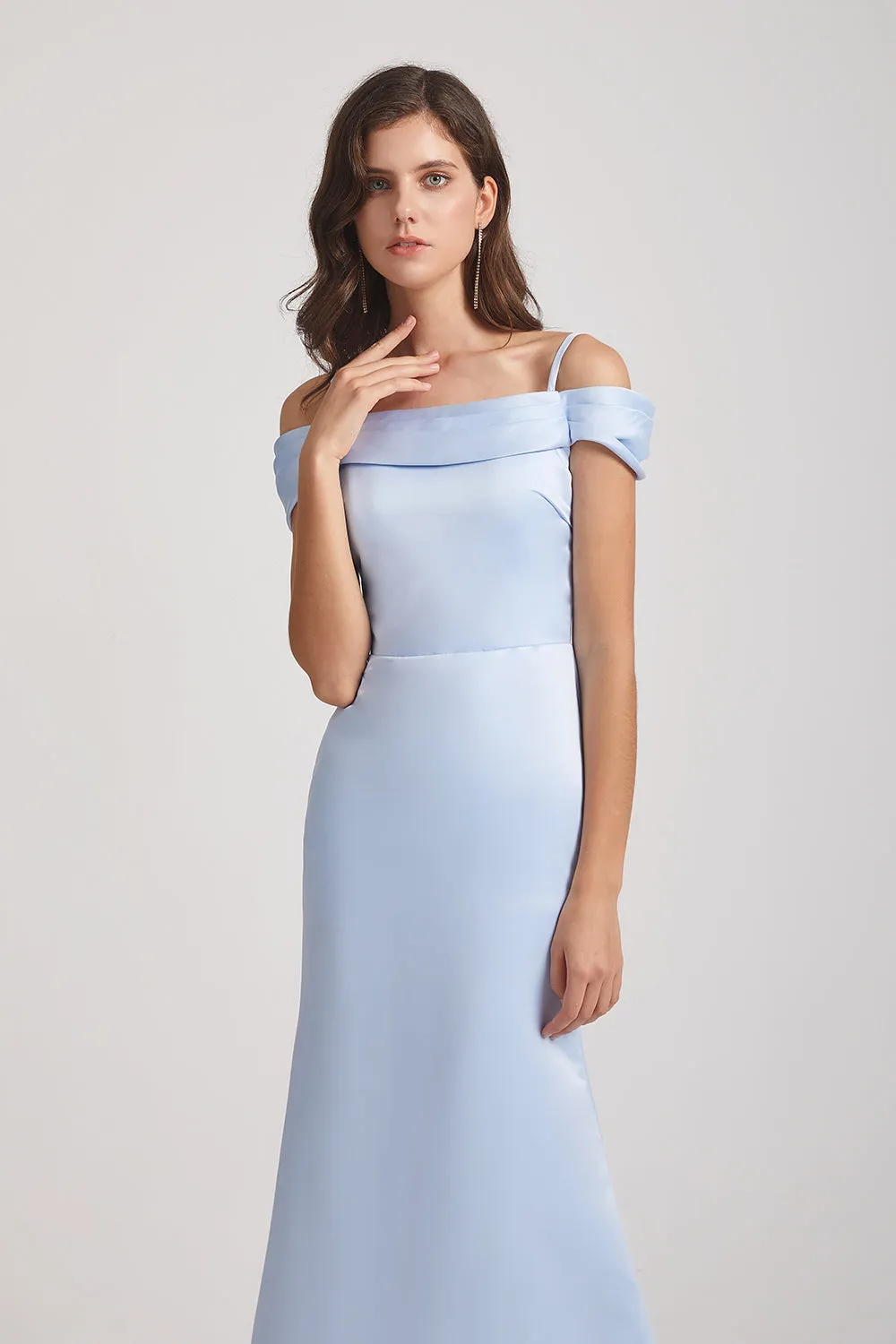 Cold Shoulder Blue Satin Long Trumpet Bridesmaid Dresses (AF0007)