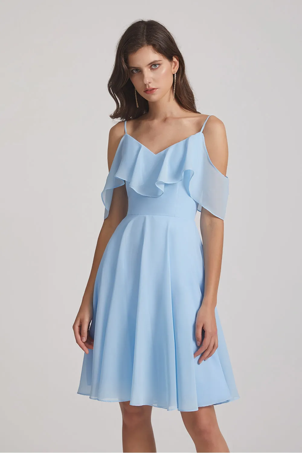 Cold Shoulder Flounce Blue Chiffon Short Bridesmaid Dresses (AF0077)