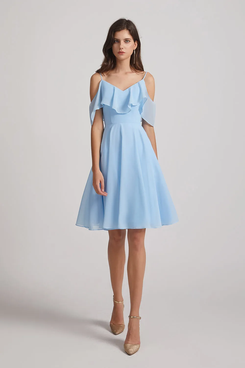 Cold Shoulder Flounce Blue Chiffon Short Bridesmaid Dresses (AF0077)