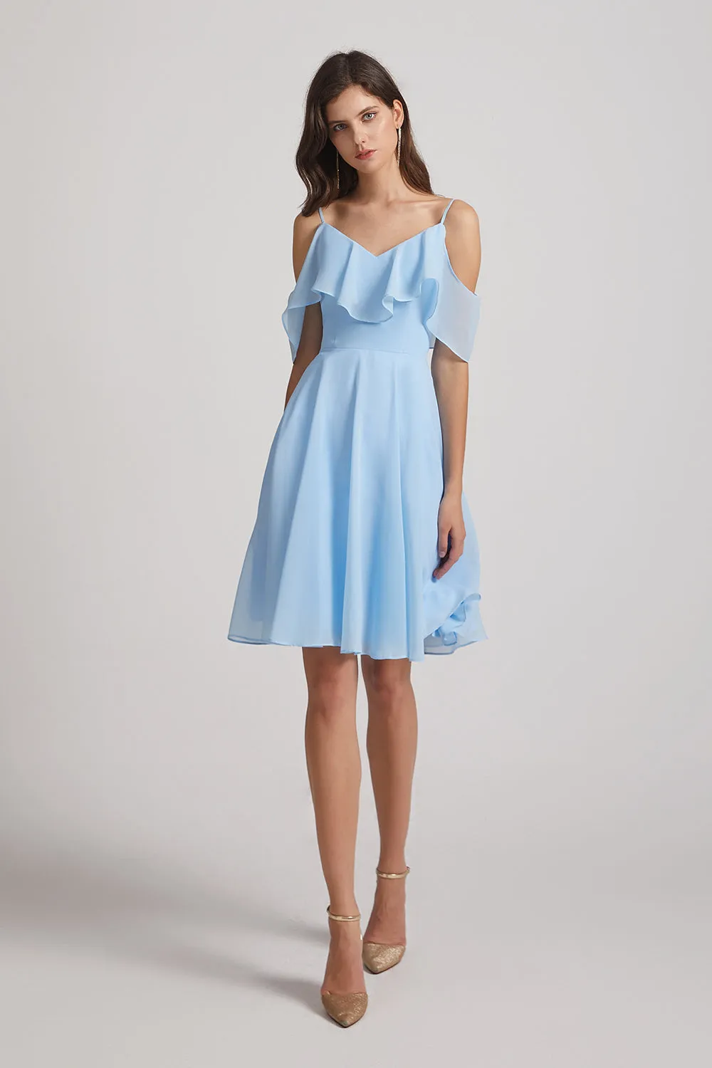 Cold Shoulder Flounce Blue Chiffon Short Bridesmaid Dresses (AF0077)