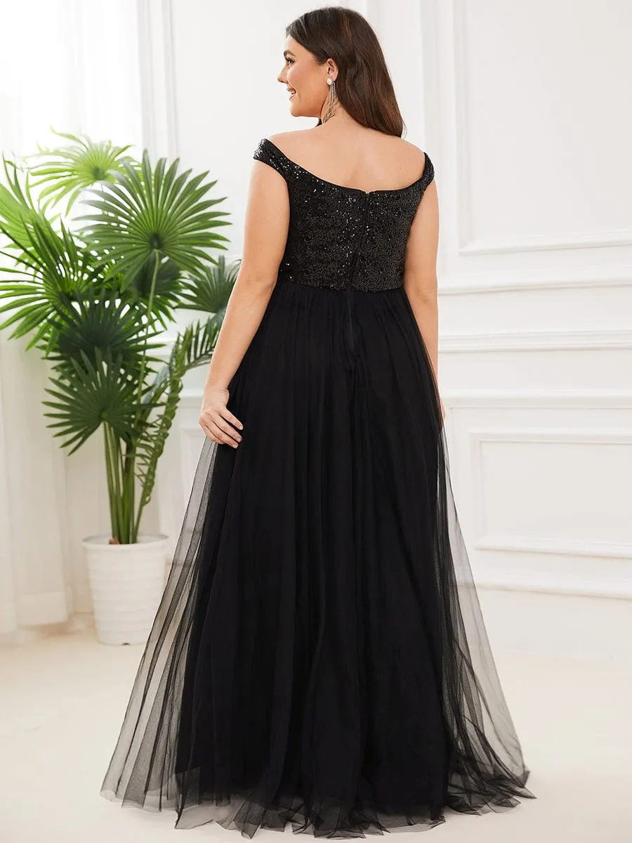 Custom Size A-line Sequin Off the Shoulder Maxi Tulle Evening Dress