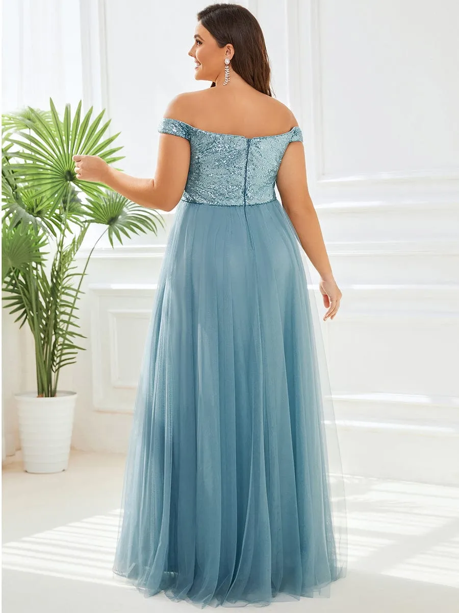 Custom Size A-line Sequin Off the Shoulder Maxi Tulle Evening Dress