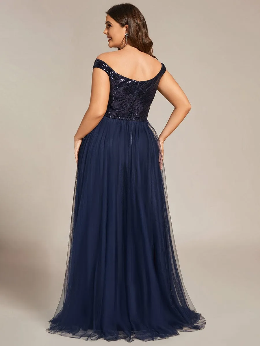 Custom Size A-line Sequin Off the Shoulder Maxi Tulle Evening Dress