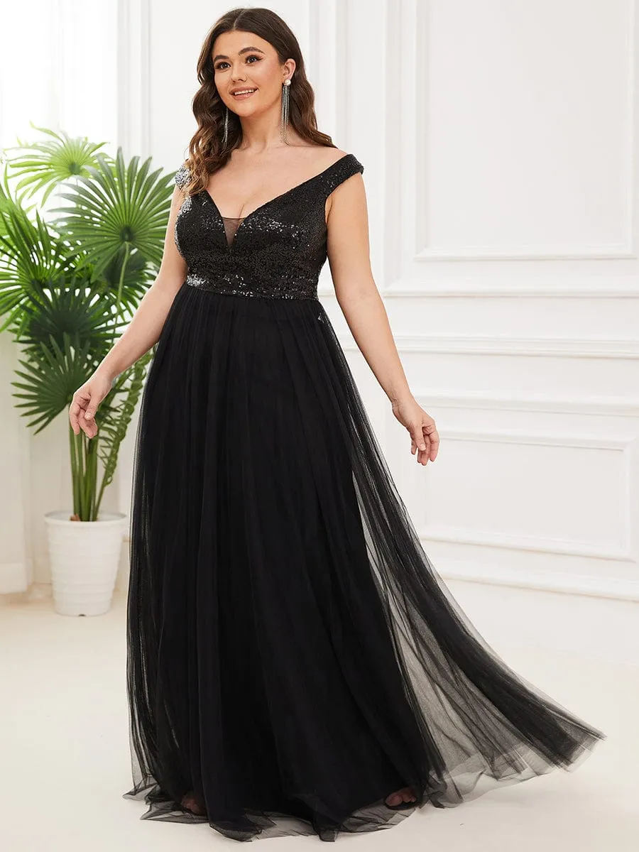 Custom Size A-line Sequin Off the Shoulder Maxi Tulle Evening Dress