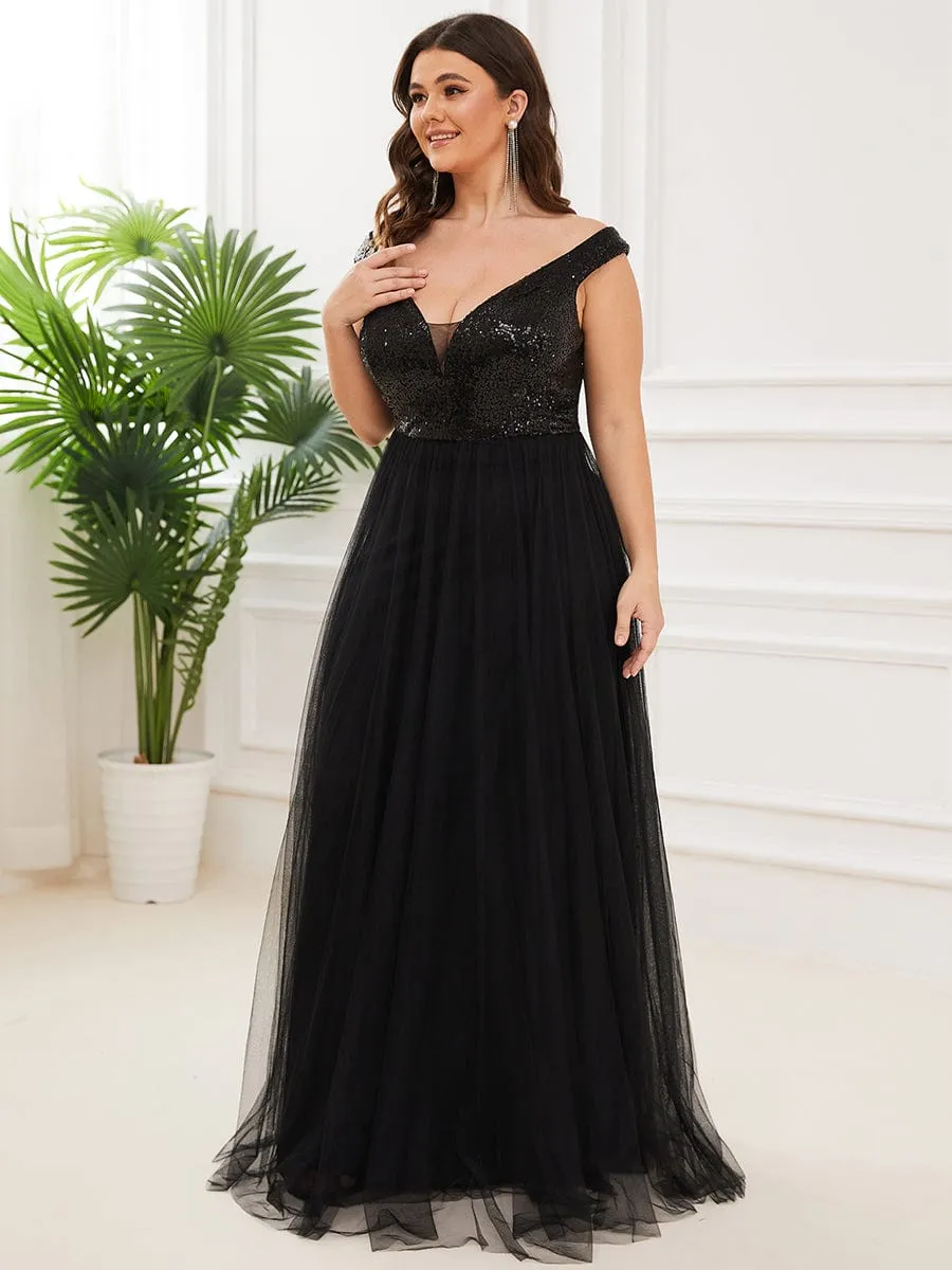 Custom Size A-line Sequin Off the Shoulder Maxi Tulle Evening Dress