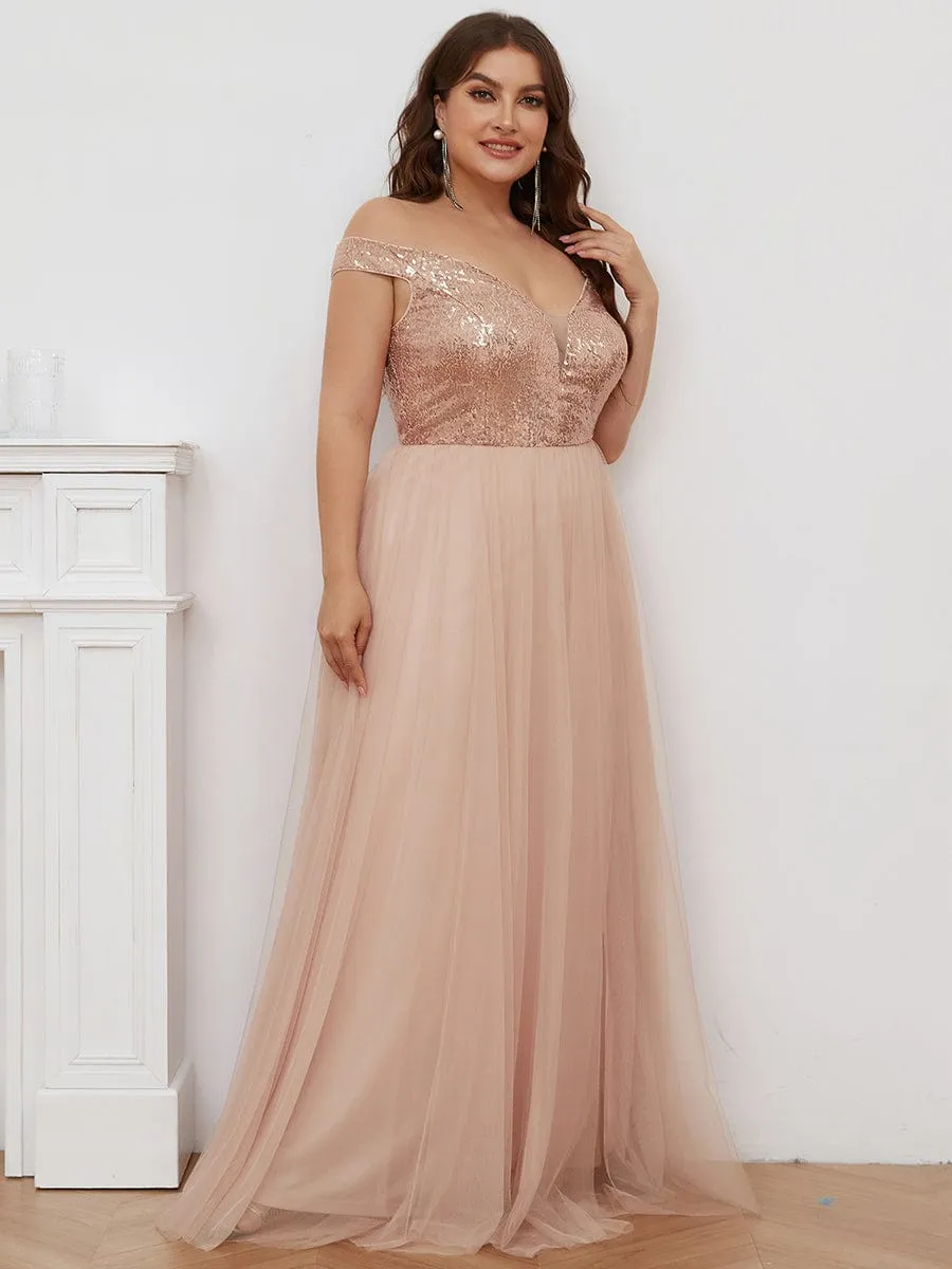 Custom Size A-line Sequin Off the Shoulder Maxi Tulle Evening Dress