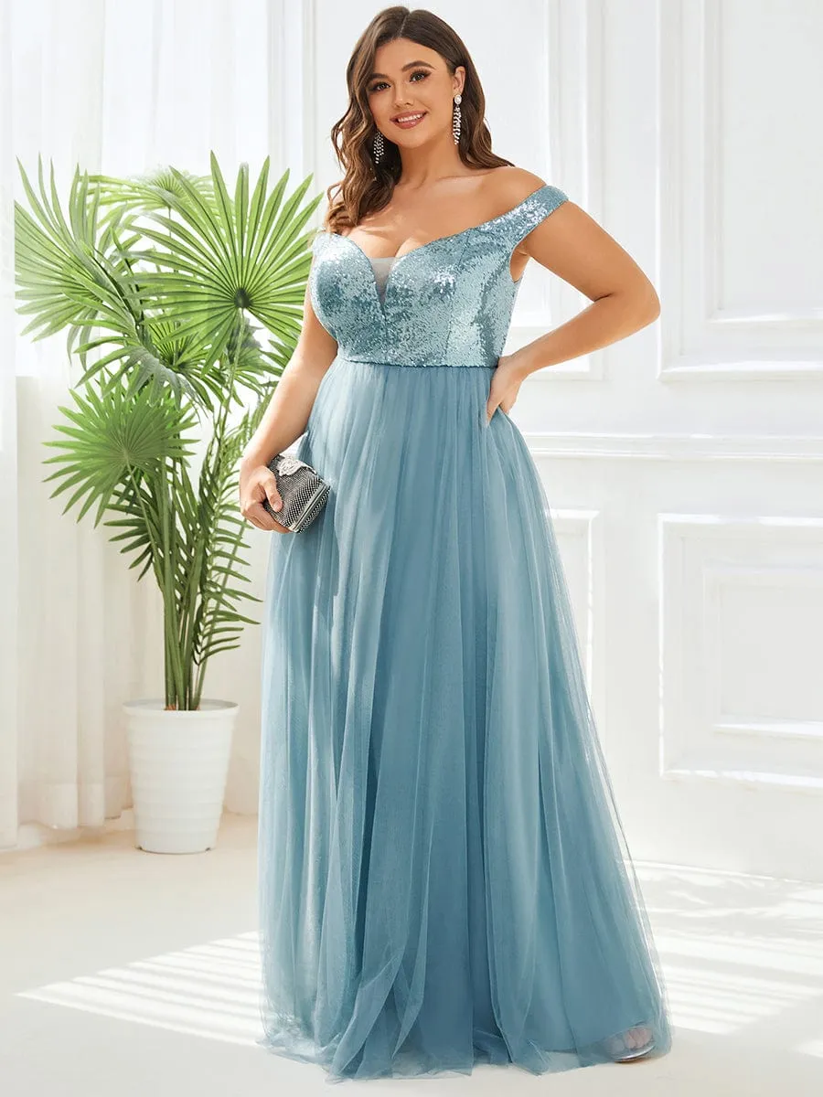 Custom Size A-line Sequin Off the Shoulder Maxi Tulle Evening Dress