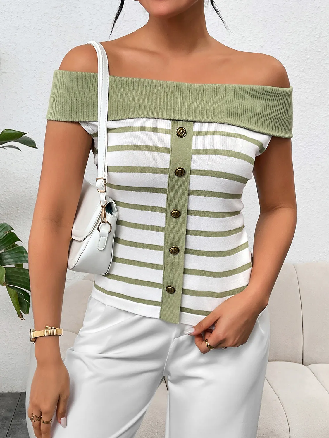 Stylish Off-Shoulder Striped Knit Top with Decorative Buttons