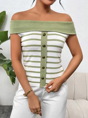 Stylish Off-Shoulder Striped Knit Top with Decorative Buttons