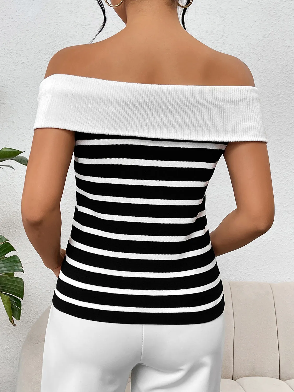 Stylish Off-Shoulder Striped Knit Top with Decorative Buttons