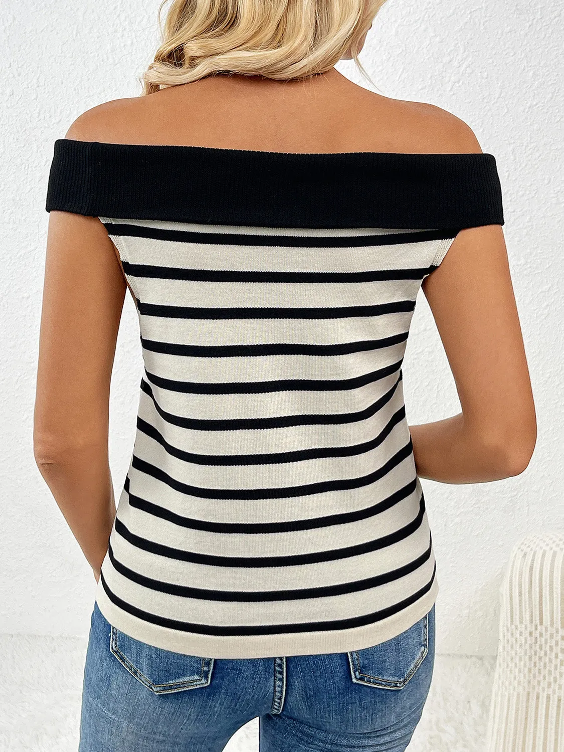 Stylish Off-Shoulder Striped Knit Top with Decorative Buttons