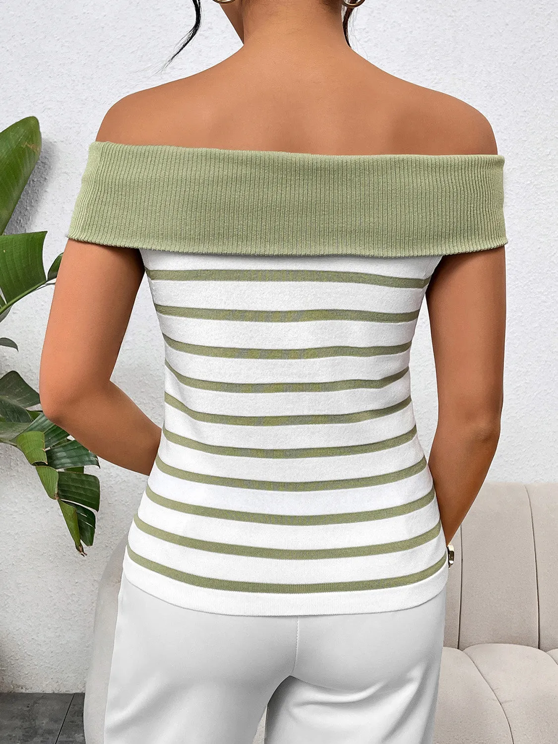 Stylish Off-Shoulder Striped Knit Top with Decorative Buttons