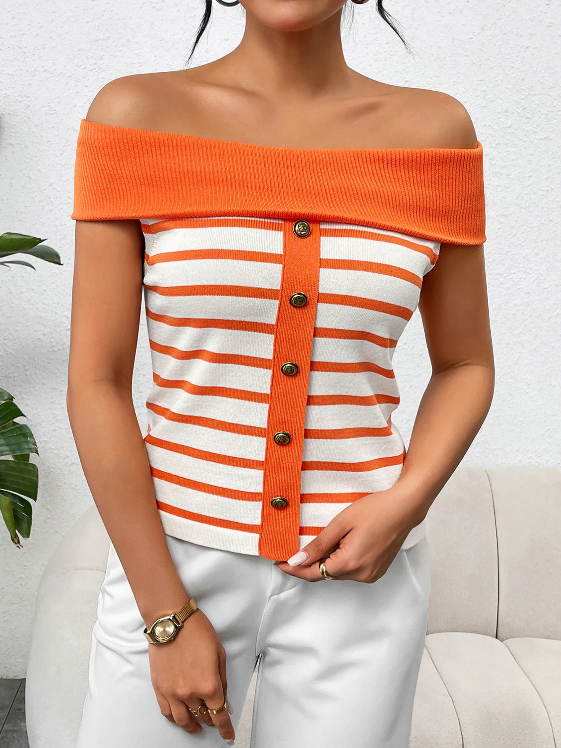 Stylish Off-Shoulder Striped Knit Top with Decorative Buttons