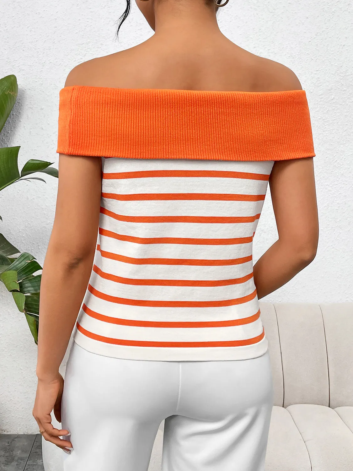 Stylish Off-Shoulder Striped Knit Top with Decorative Buttons