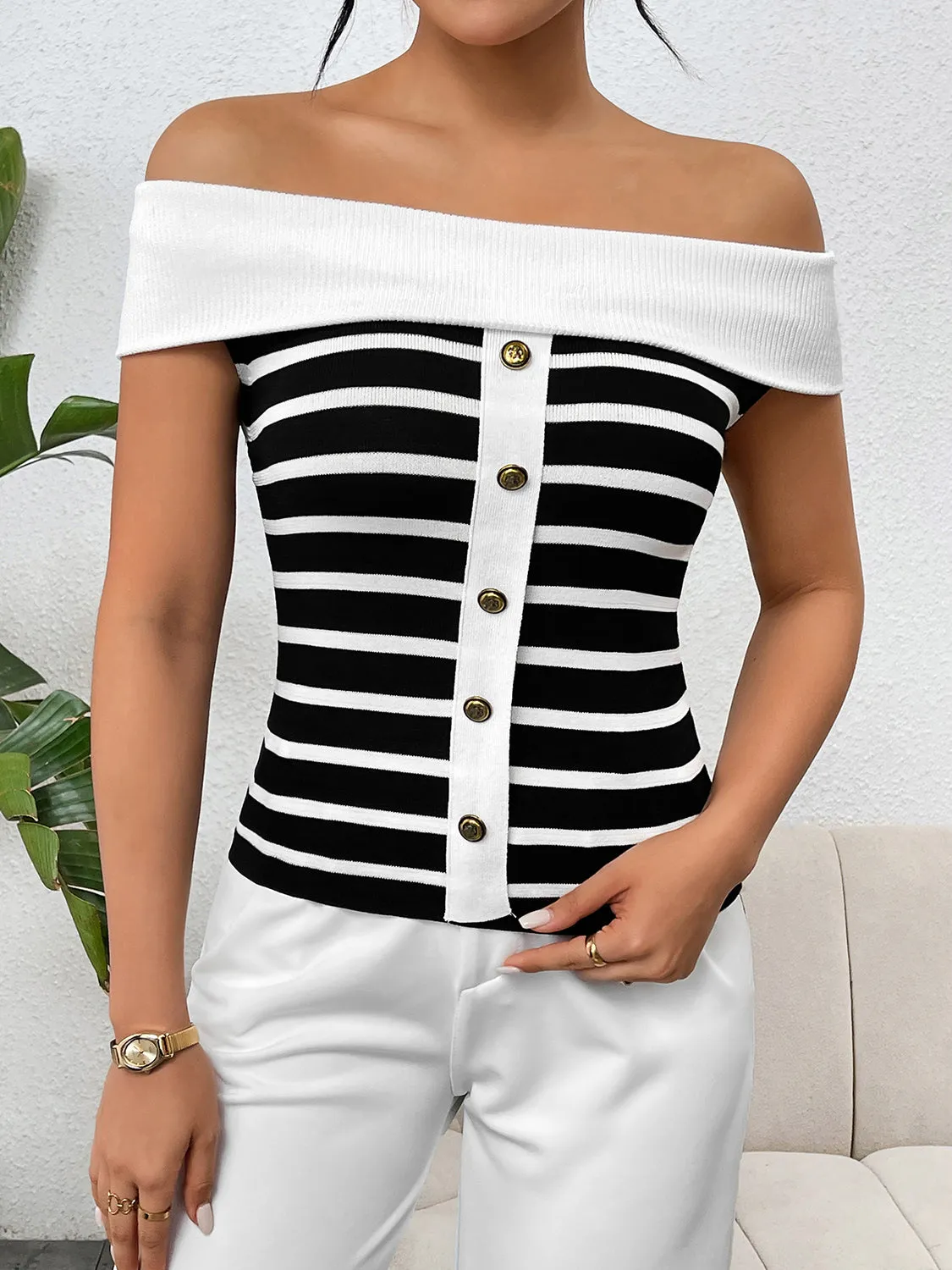 Stylish Off-Shoulder Striped Knit Top with Decorative Buttons